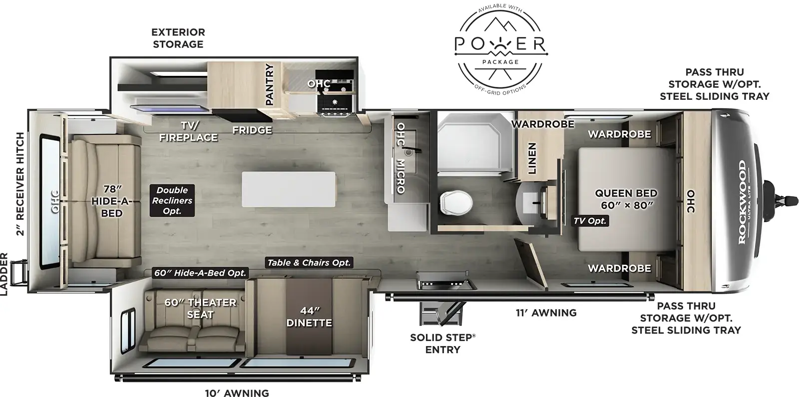 The Rockwood Ultra Lite Travel Trailers 2906RL floorplan has one entry and two slide outs. Exterior features include: fiberglass exterior and 10' & 11'6" awning. Interiors features include: kitchen island, front bedroom and rear living.